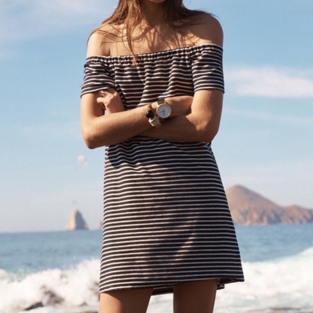 Madewell Off the Shoulder Melody Dress in Gray/White Stripe Sz XS